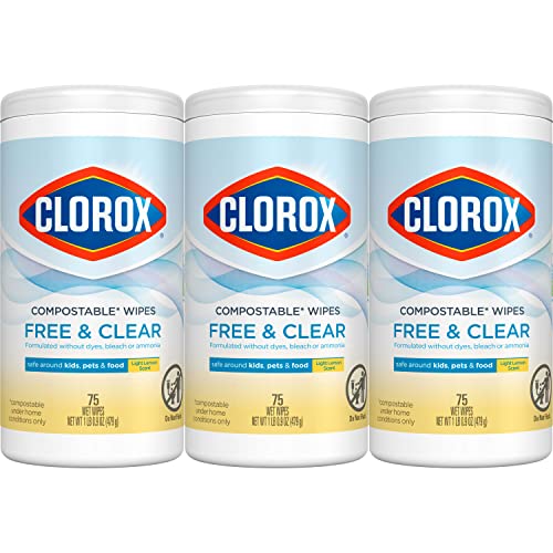 Clorox Free & Clear Compostable Cleaning Wipes, Light Lemon Scent, 75 Count, Pack of 3 (Pack May Vary)