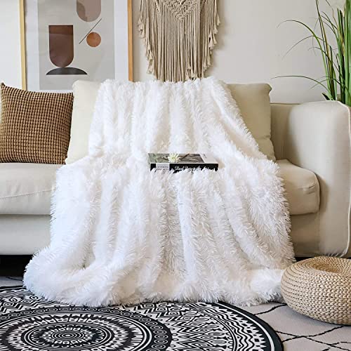 Decorative Extra Soft Faux Fur Throw Blanket 50' x 60',Solid Reversible Fuzzy Lightweight Long Hair Shaggy Blanket,Fluffy Cozy Plush Fleece Comfy Microfiber Fur Blanket for Couch Sofa Bed,Pure White