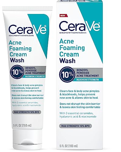 CeraVe Acne Foaming Cream Wash | Gentle Face and Body Acne Cleanser with Benzoyl Peroxide 10%, Hyaluronic Acid, and Niacinamide | Acne Treatment Clears Pimples, Blackheads, Chest and Back Acne | 5 Oz