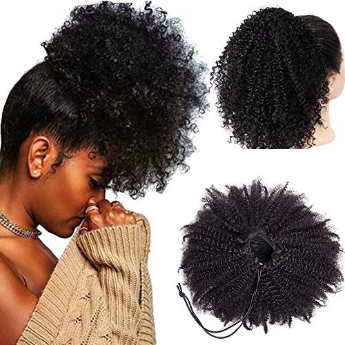 Maxine Hair Extension Curly Drawstring Ponytail Extensions For Black Women Kinky Curly Hair Hairpieces Ponytail Kinky Curly Human Hair 14inch (Natural Black Color with 2Clips)