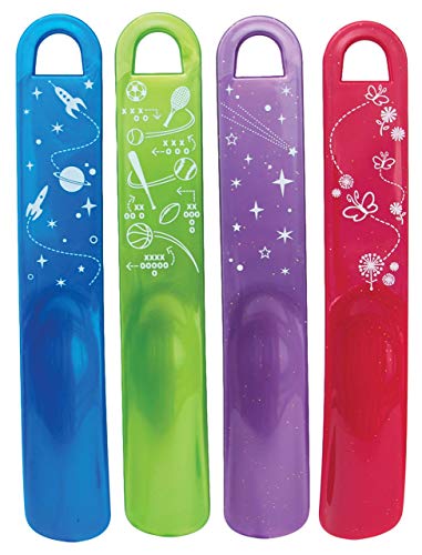 Shoe Horns for Kids | Family Pack of 4: Blue, Green, Pink, Purple | by Jasmine Seven | Colorful smooth lightweight plastic for all ages