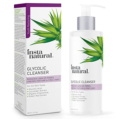 InstaNatural Glycolic Acid Cleanser, Pore Minimizer, Anti Aging & Exfoliating Face Wash for Hyperpigmentation and Acne, With Vitamin E and Lactic Acid