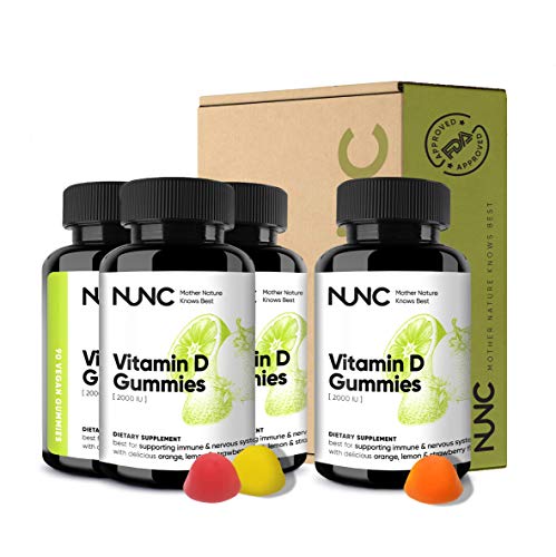 NUNC Vitamin D 2000IU Gummies - 4 Pack - Vitamin D Naturally Flavoured with Strawberry, Orange, & Lemon | Improve Overall Mood, Accelerate Muscle Recovery Time & Support The Immune System - 360 Count