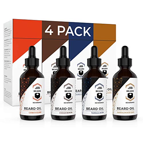 Beard Oil 4 Pack (Vanilla, Sandalwood, Cedarwood, Citrus) – All Natural Leave-in Conditioner to Soften and Style Beards and Mustaches – Made with Tea Tree, Jojoba, Argan Oils - 1oz Each