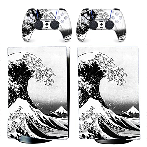 BelugaDesign PS5 Wave Japanese Skin | Painting Great Kanagawa Vinyl Cover Wrap Sticker Full Set Console Controller | Compatible with Sony Playstation 5 (PS5 Digital Edition, Black White)