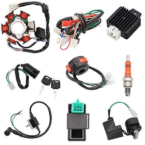 Quad Wire Harness Complete Electrics Stator Coil CDI Wiring Harness Solenoid Relay Spark Plug for 4 Wheelers Stroke ATV 50cc 70cc 90cc 110cc 125cc Pit Quad Dirt Buggy Bike Go Kart Parts