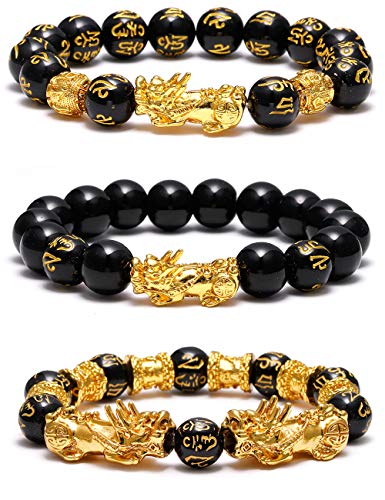 SOOWOOT 3Pcs Feng Shui Black Obsidian Bracelets Set - Good Luck Amulet Dragon Lucky Charm Bracelets Pi Xiu Pi Yao Attract Lucky Wealthy bracelets for women men