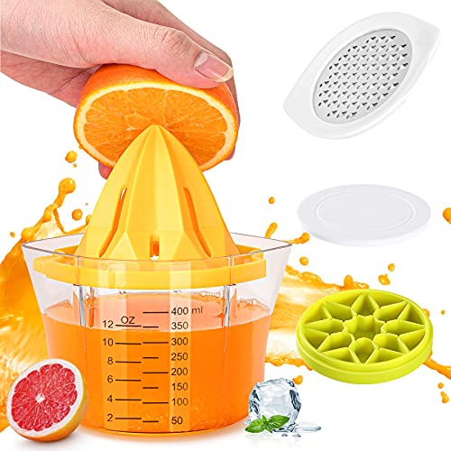 Lemon Squeezer Manual Juicer, 5 in 1 Multi-Function Citrus Juicer, 1Easylife Lime Orange Juicer with Measuring Cup, Grater, Anti-Slip Reamer and Ice Tray, Fresh Fruit Juice Press for Bar, Kitchen