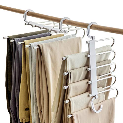 SOSOPIN Space Saving Pants Hangers Non-Slip Clothes Organizer 5 Layered Pants Rack for Scarf Jeans Trousers (White, 2 Pcs)