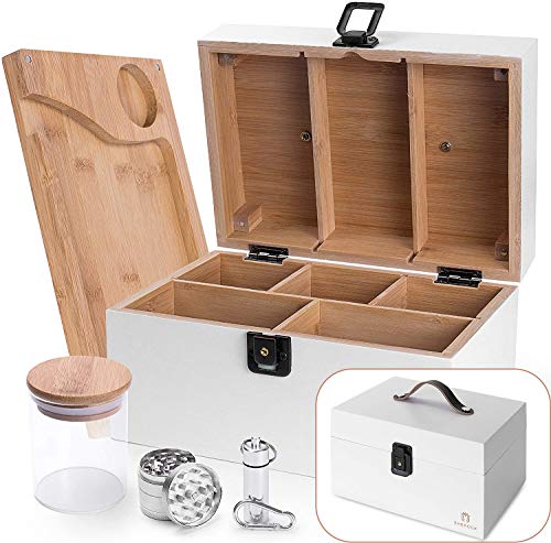 SHEROCK White Wooden Box, with Leather Carrying Handle Stash Box Kit - Rolling Tray, Jar and Grinder, Smell Proof Box, Stylish Stash Box with Safety Lock Storage Box 100% Bamboo Box