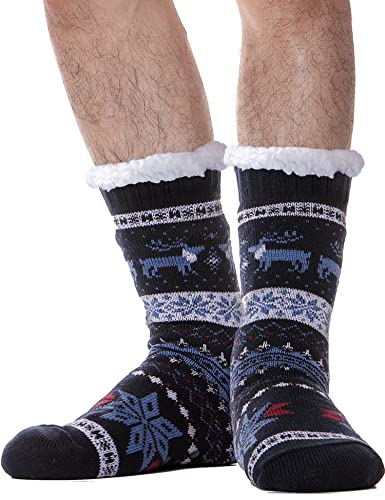 Mens Slipper Socks Fuzzy Cozy Cabin Fluffy Winter Warm Thick Comfy Fleece Bed Soft Plush Sherpa Sleep Home Grips Gripper Non Slip Christmas White Elephant Gift Stocking Stuffer (Black and Blue)