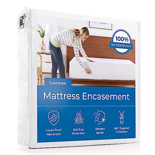 Linenspa Zippered Mattress Encasement - Waterproof & Bed Bug Proof - Premium Noiseless & Absorbent Cover – Queen, White