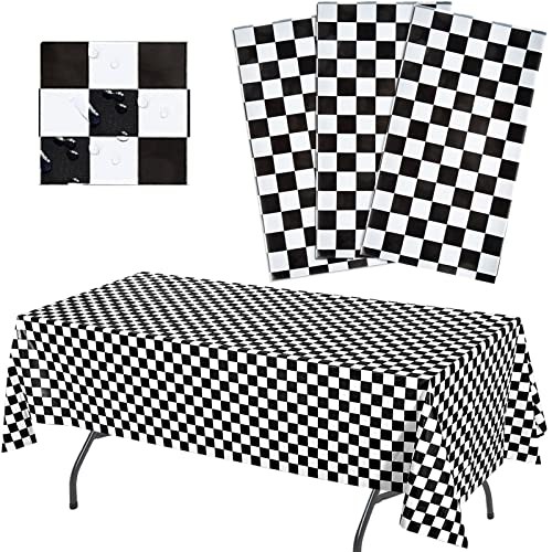 AnapoliZ Black Checkered Tablecloth Plastic | 3 Pcs Pack - 54” Wide x 108” Long | Black and White Checkered Disposable Table Cover | Checkered Flag Tablecloth | Retro, Diner, Racing Party Décor