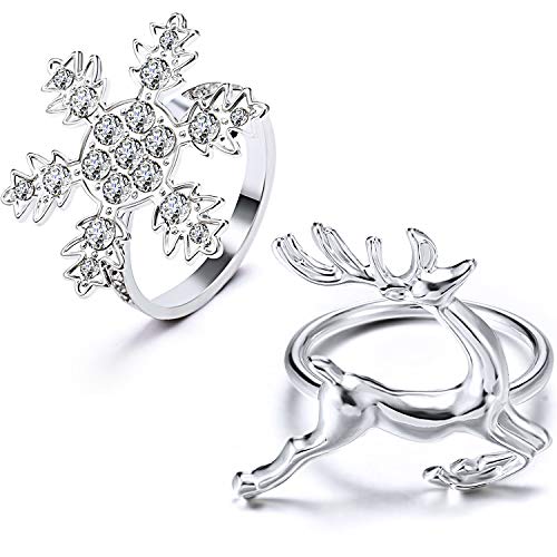 WILLBOND Christmas Napkin Rings Holders with Snowflake and Deer Design for Christmas Dinners Parties, Wedding Adornment, Table Decoration Accessories (Silver, 6)