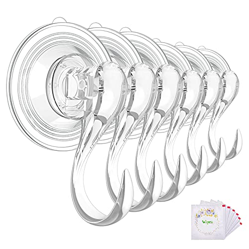 VIS'V Suction Cup Hooks, Small Clear Heavy Duty Vacuum Suction Hooks with Wipes Shower Suction Cup Hangers Removable Reusable Window Glass Door Suction Holder for Bathroom Kitchen Decor - 6 Pcs