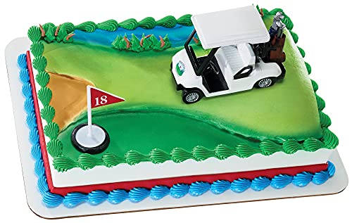 DecoSet Heading for the Green Cake Topper, 2-Piece Toppers Set, Birthday Decorations for Golfers with Cart and Flag, White