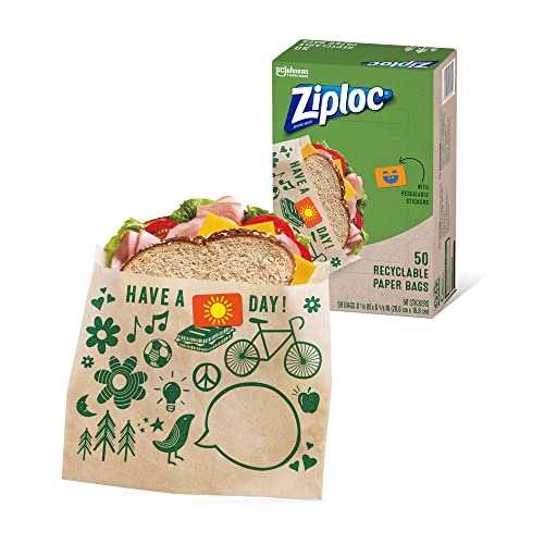 Ziploc Paper Sandwich & Snack Bags, Recyclable & Sealable with Fun Designs, 50 Count