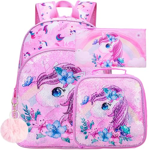 UFNDC 3PCS Unicorn Backpack for Girls, 16”Kids Sequin Bookbag with Lunch Box, School Bag for Elementary Toddler