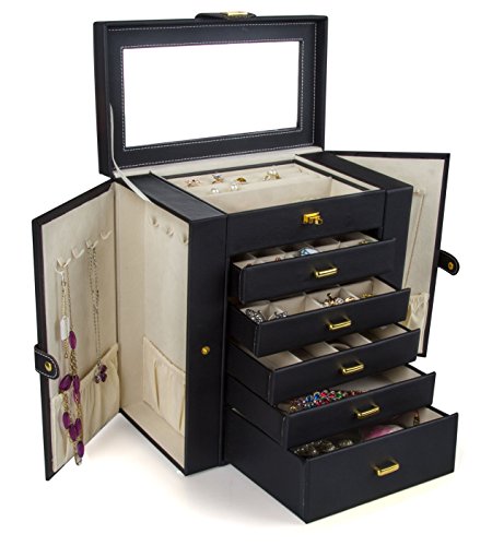Kendal Extra Large Jewelry Box Jewelry Case PU Leather 6 Tier 5 Drawers Large Storage Capacity with Mirror Jewelry Storage Organizer Great Gift Also Good For Watches LJC-SHD5BK (black)
