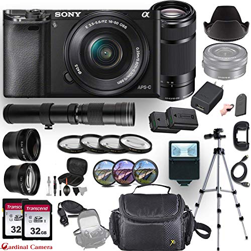 Sony Alpha a6000 (Black) E-Mount Mirrorless Camera with 3 Lenses (E 16–50mm f/3.5–5.6 OSS, E 55–210mm f/4.5-6.3 OSS and 420-800mm Zoom Lens) + Professional Accessory-Kit Bundle