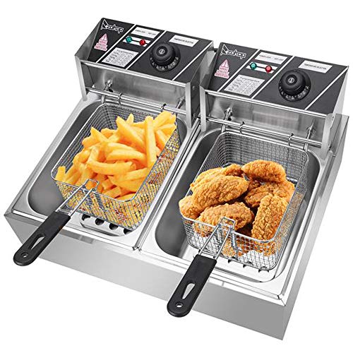 Commercial Deep Fryer, 2x12L Electric Deep Fryers with Double Basket, 5000W Stainless Steel Large Capacity Countertop Oil Fryer for Restaurant Home Kitchen, Removable Baskets & Tanks