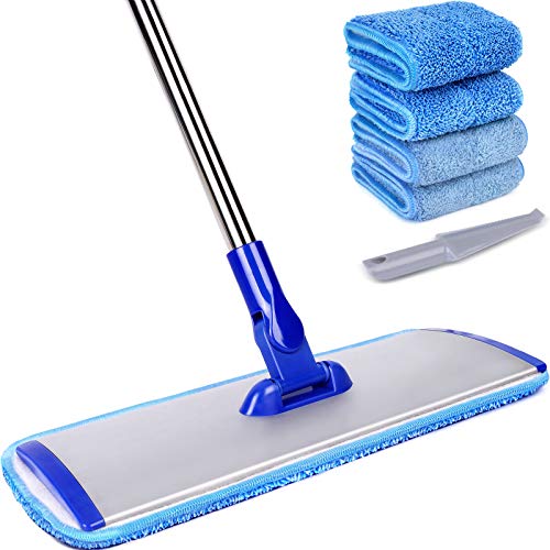 18' Professional Microfiber Mop Floor Cleaning System, Flat Mop with Stainless Steel Handle, 4 Reusable Washable Mop Pads, Wet and Dust Mopping for Hardwood, Vinyl, Laminate, Tile Cleaning