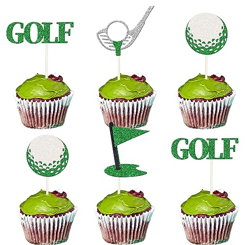24 PCS Golf Cupcake Toppers Glitter Sport Golf Ball Cupcake Picks Baby Shower Golf Theme Birthday Party Cake Decorations Supplies
