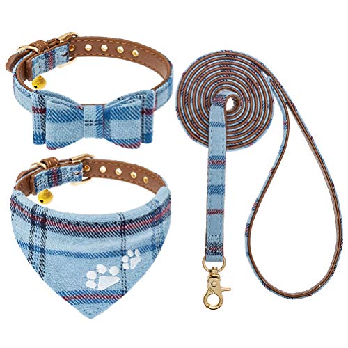 EXPAWLORER Dog Leash Collar Set - 3 Pack Embroidery Pawprints Plaid Adjustable Dog Collars and Leash Tangle Free, Bow Tie and Bandana Collar with Bell for Cats Outdoor Walking