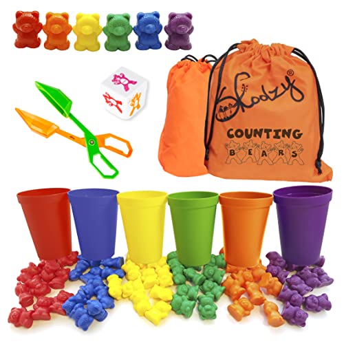 Skoolzy Rainbow Counting Bears with Matching Sorting Cups 70 Piece Set - Toddler Learning Toys Number Sorting Counting Color Recognition for Kids Age 3+ Includes Montessori Tongs 2 Skoolzy Bags eBook