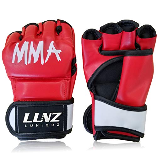 Luniquz MMA Gloves for Kids Adults Punching Bag Boxing Sparring Grappling, Half Finger with Thick Padding Long Wrist Wrap, S/Red