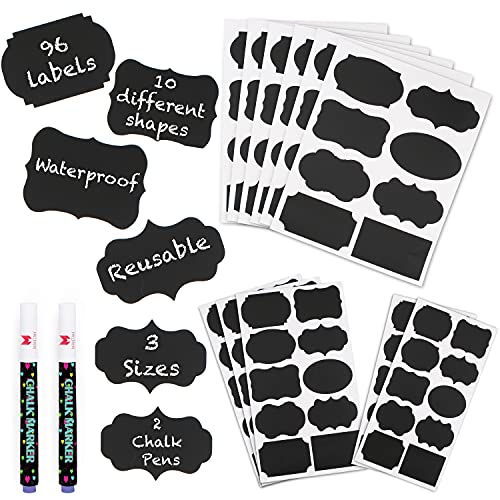 Mantah Chalkboard Label Stickers 96pcs - 9 Assorted Shapes in 3 Sizes with 2 White Chalk Marker, Reusable Waterproof Label for Storage Bin, Food Container, Jars, Containers