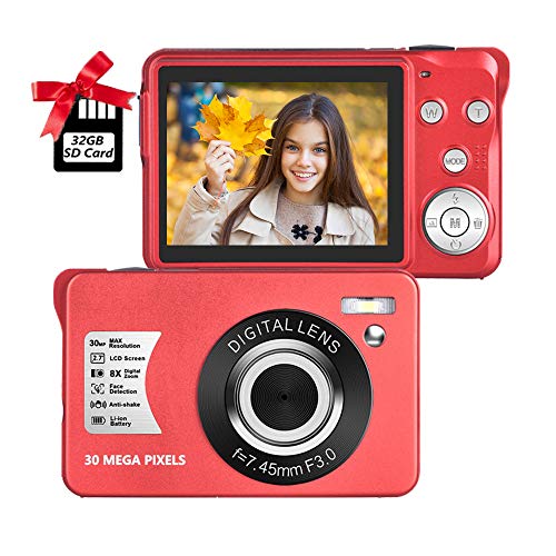 Digital Camera 2.7 Inch LCD Rechargeable HD Digital Camera Compact Camera Pocket Digital Cameras 30 Mega Pixels with 8X Zoom for Adult Seniors Students Kids with 32GB SD Card(1 Battery Included), Red