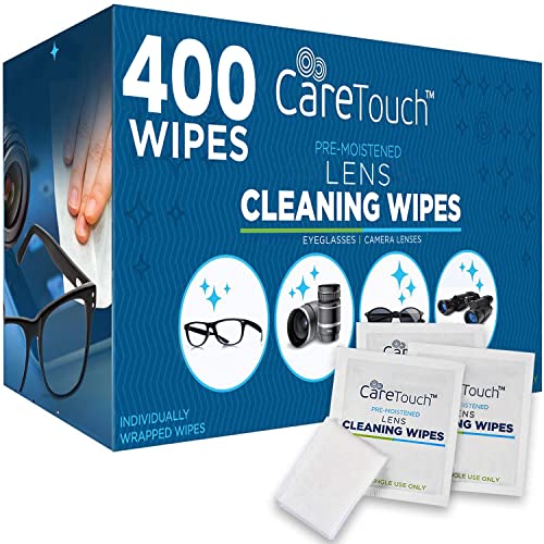 Care Touch Lens Wipes for Eyeglasses | Individually Wrapped Eye Glasses Wipes | 400 Pre-Moistened Lens Cleaning Eyeglass Wipes