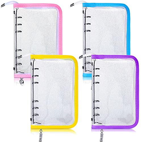 4 Pieces Binder Pockets A6 Size 6 Rings Binder Cover PVC Zipper Binder Wallet Pouch Folders Clear Waterproof PVC Loose Leaf Bag Refills Filler Organizer for 6 Ring Refillable Binder Notebook Planner