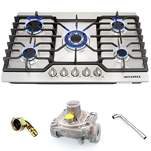 METAWELL 30 inch Silver Gas Cooktop - 5 Burners Built In Gas Cooktop, Stainless Steel Gas Top Stove, Natural Gas Hob, Dual Fuel LPG/NG Convertible with Gas Regulator, Gas Rangetop Easy to Clean