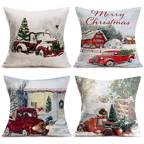 Doitely Set of 4 Red Truck and Merry Christmas Tree Throw Pillow Covers Cotton Linen Square Pillow Case Cushion Cover Winter Snow Background Home Decorative for Sofa 18’’x18’ (Christmas Red Truck)