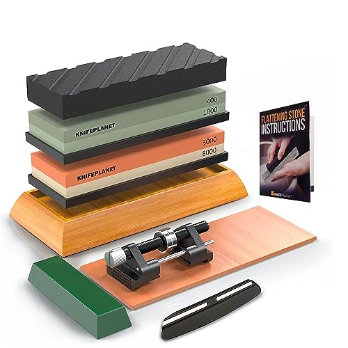 Premium Knife Sharpening Stone Set – 400/1000 and 3000/8000-Grit Professional, Safe Knife Sharpener Set – Whetstone Set Includes Flattening Stone, Bamboo Base, Leather Strop, Honing Guide, Angle tool