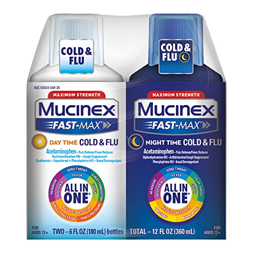 Mucinex Fast-Max Day Time Cold & Flu and Night Time Cold & Flu Liquid Medicine, 12 fl oz, Maximum Strength All in One Multi Symptom Relief for Congestion, Sore Throat, Headache,Cough and Reduces Fever