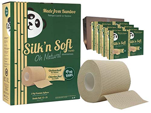 'Silk'n Soft' Unbleached Bamboo Toilet Paper - Tree-Free Environment Safe Biodegradable Septic-Safe Strong Dependable Panda Friendly Absorbent Bathroom Tissue 3-Ply Chlorine Free (8 Pack of 12 Rolls)