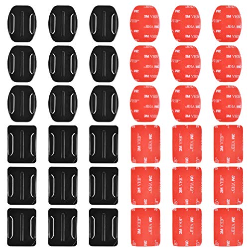 QLOUNI 18Pcs Adhesive Mounts for GoPro Cameras, 9Pcs Curved Mounts and 9Pcs Flat Mounts with 3M Sticky Pads - Tape Mount to Your Helmet/Bike/Board/Car