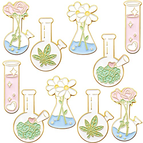 10 Pieces Enamel Pin Brooches Cute Floral Kawaii Pins Flask Test Tube Backpack Pins Aesthetic Spring Flower Plant Pins Set for Jackets Lapel Scientist Enamel Pins for Backpacks Clothes Caps Bags