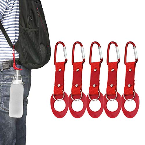 LERTREE 5 Pack Water Bottle Holder Hook Clip with Key Ring Aluminum Carabiner Belt Backpack Hanger (Red)