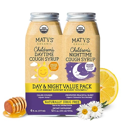 Matys Organic Kids Cough Syrup Day & Night Value Pack for Children 1 Year + Up, Soothing Daytime & Nighttime Kid Cough Relief w/Zinc & Organic Ingredients, Melatonin & Dye Free, 2 Pack, 6 Fl Oz Each