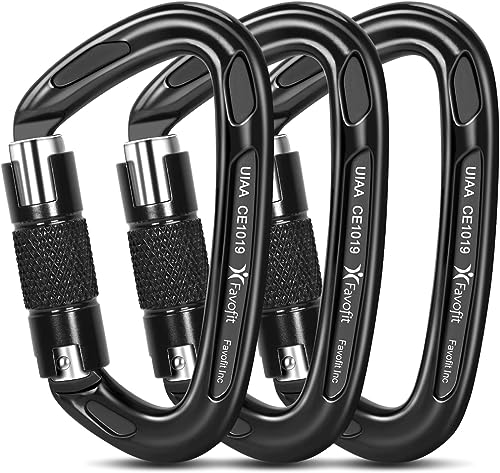 Locking Climbing Carabiners Heavy Duty - Favofit UIAA Certified Rock Climbing Clips for Climbers - Large Caribeaner as Firefighter Safety Survival Gear Equipment (3 Pieces - 25KN)