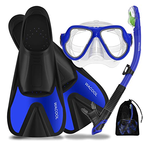 WACOOL Adults Snorkeling Snorkel Scuba Diving Package Set Gear with Travel Full Foot Short Swim Pocket Fins Anti-Fog Coated Glass Silicon Mouth Piece Purge Valve and Anti-Splash (Blue,L)