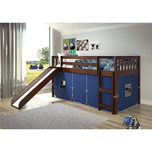 Donco Kids Mission Low Slide Loft Bed Dark Cappuccino/Twin/Blue Tent