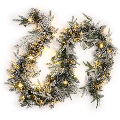 Flocked Christmas Garland with Lights - 9 Ft, Artificial White Pine Garland with 100 Warm White LED Lights, Plug in, Christmas Decorations and Holiday Mantle Decor- Connect Up to 3 Garlands