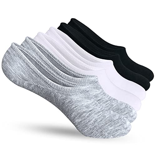 AKOENY No Show Socks Womens Non Slip Low Cut Ankle for Sneakers Slip On Loafer Liner, Size 8-12, Black/White/Grey, 6-Pairs