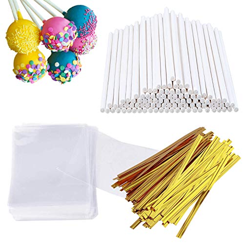 300 PCS Cake Pop Sticks and Wrappers Kit, Including 100ct 6-inch Paper Lollipop Sticks, 100ct Clear Candy Treat Bags Parcel, 100ct Gold Twist Ties for Cakepop, Lollipop, Hard Candy, Suckers, Chocolate