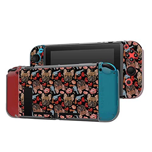 Dockable Case Compatible with Switch Console and Joy-Con Controller, Patterned ( Bulldog, Rose and Gun Tattoo Pattern ) Protective Case Cover with Tempered Glass Screen